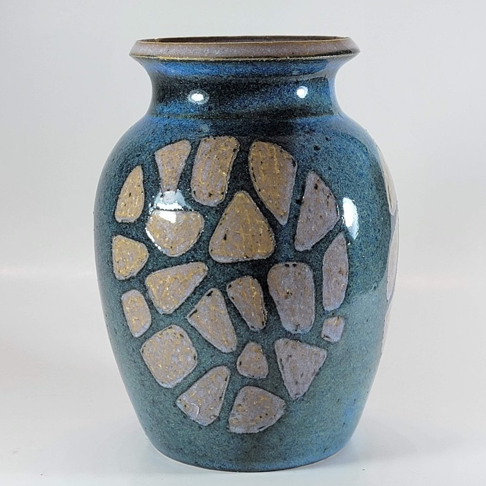 Handmade Vase Stoneware Pottery Turtle Shell Design Blue Glaze Signed